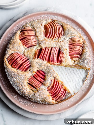 A round cake dusted with powdered sugar