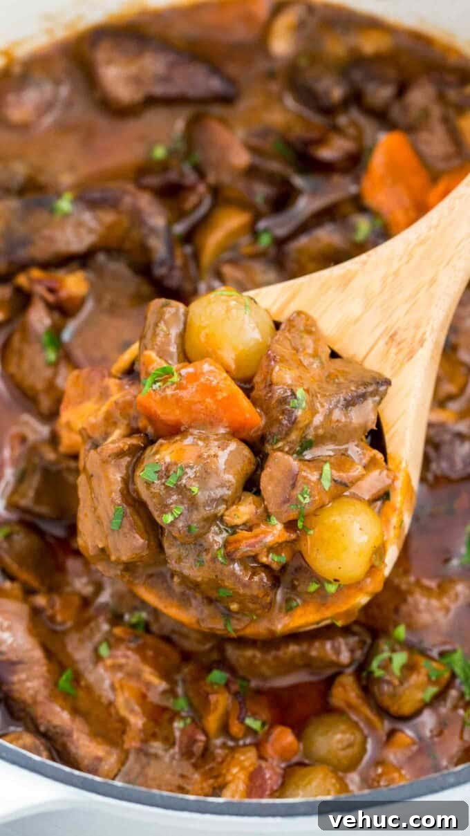 Classic Beef Bourguignon Recipe: Tender Braised Beef in Red Wine 2 a serving spoon in a pot of beef Bourguignon