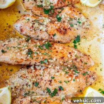 Garlic Butter Tilapia Recipe with Lemon and Herbs 18 4 baked tilapia fillets in a pan.