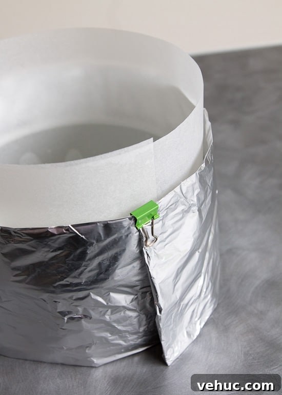 DIY Cake Strips: How to Wrap, Use, and Bake Even Layers 11 The cake strip wrapped around the cake pan, and the overlapped ends of the strip held with a binder clip.