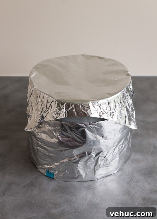 DIY Cake Strips: How to Wrap, Use, and Bake Even Layers 15 The cake pan, wrapped in the cake strip with a foil lid placed on top.