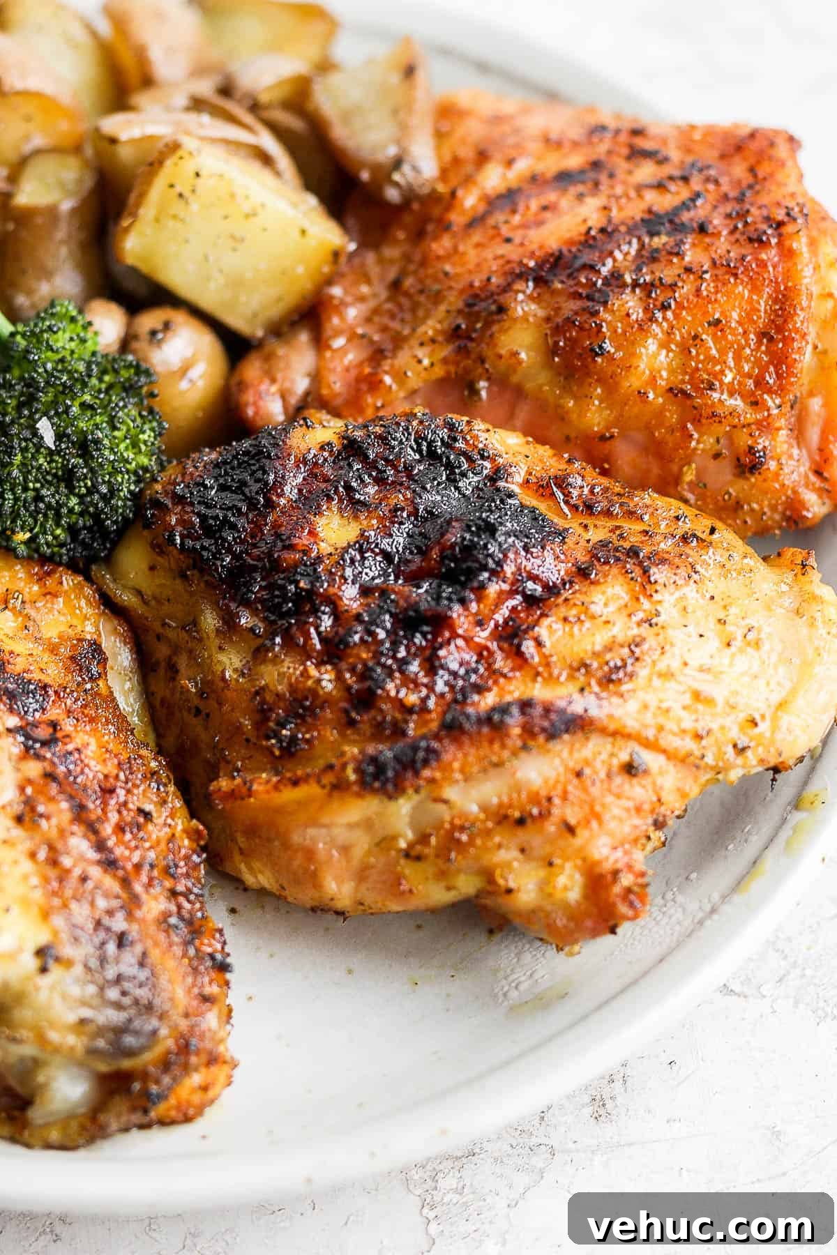 A close-up shot of smoked chicken thighs. 