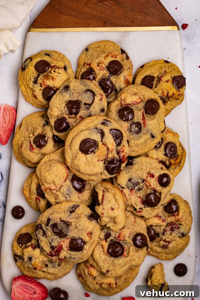 strawberry chocolate chop cookies are layered on a marble cutting board. A few freeze dried strawberries, and chocolate chips are scattered around.