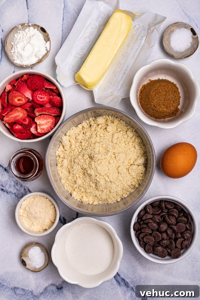 Ingredients in bowls: almond flour, sugar, brown sugar, butter, egg, chocolate chips, freeze dried strawberries.