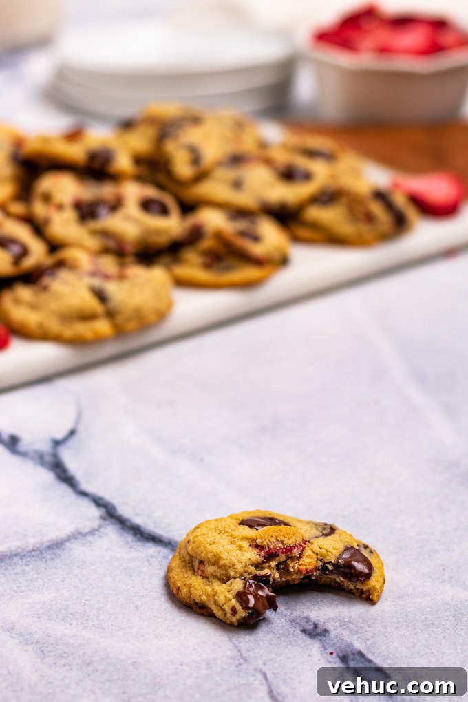 Angled shot of a strawberry chocolate chip cookie with a bite taken out of it A layer of cookies are in the background on a marble tray. A stack of plates are in the background, and a bowl of freeze dried strawberries.