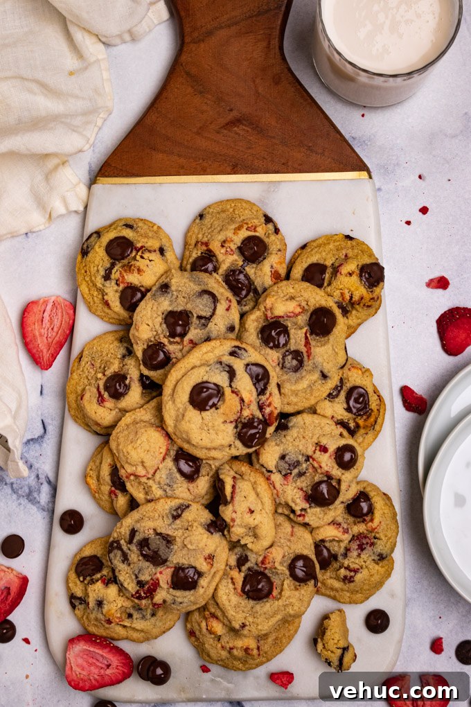 Overhead shot of strawberry chocolate chip cookies on a marble tray. A glass of milk is in the corner. Plates are off to the side. Freeze dried strawberries, and chocolate chips are scattered around.