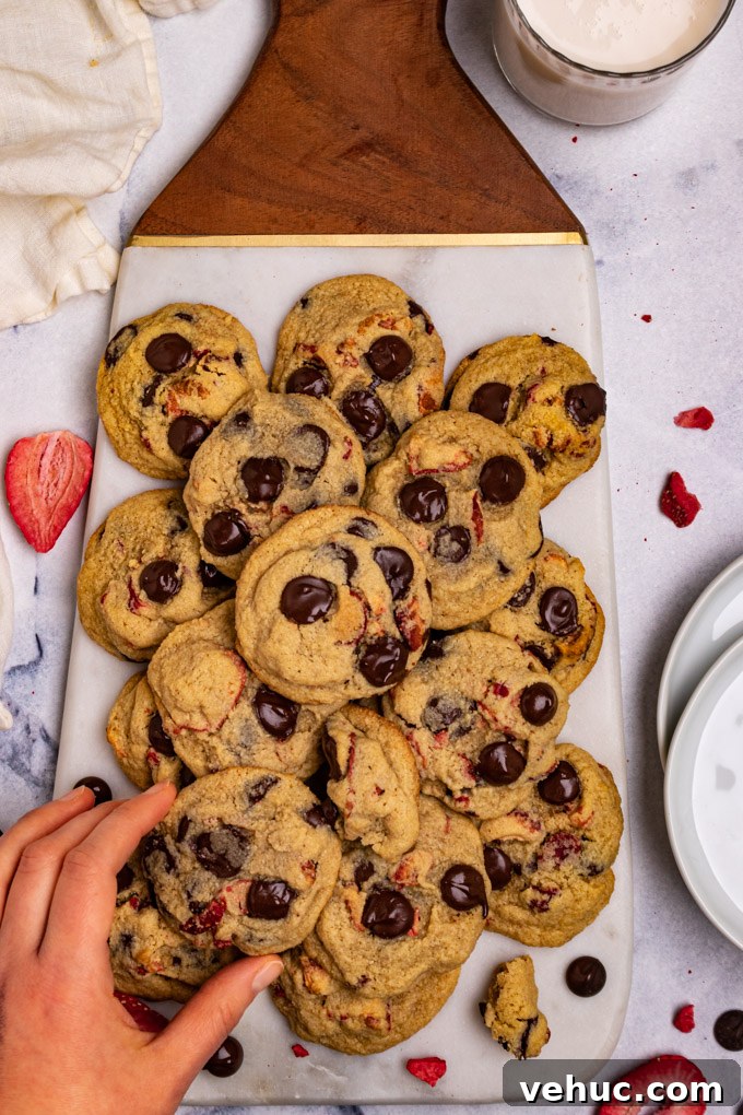 Overhead shot of strawberry chocolate chip cookies on a marble tray. A hand is picking up one of the cookies. 