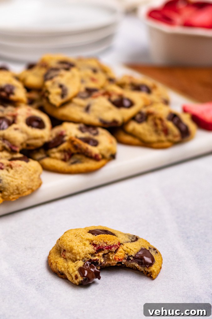 Angled close up shot of a strawberry chocolate chip cookie with a bite taken out of it. There is a tray full of cookies in the background, along with a stack of plates, and a bowl of freeze dried strawberries.