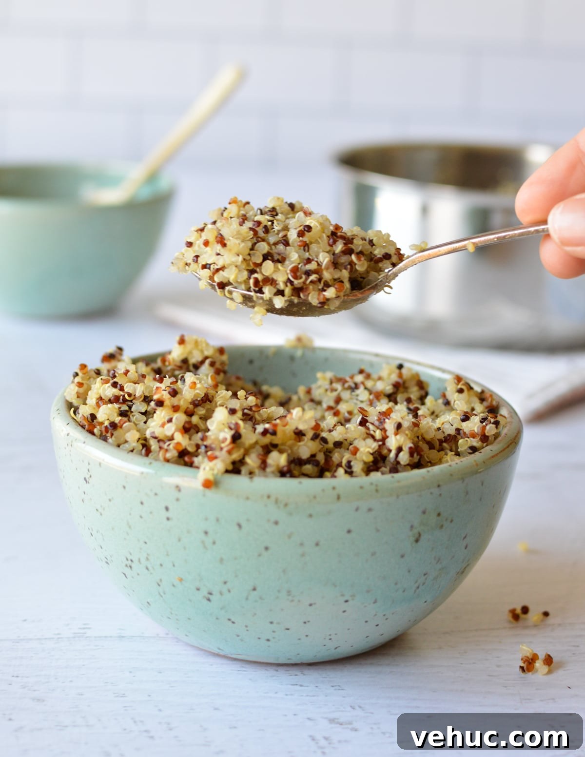 How to Cook Tri-Color Quinoa Perfectly Every Time 2 a bowl of cooked tri-color quinoa.