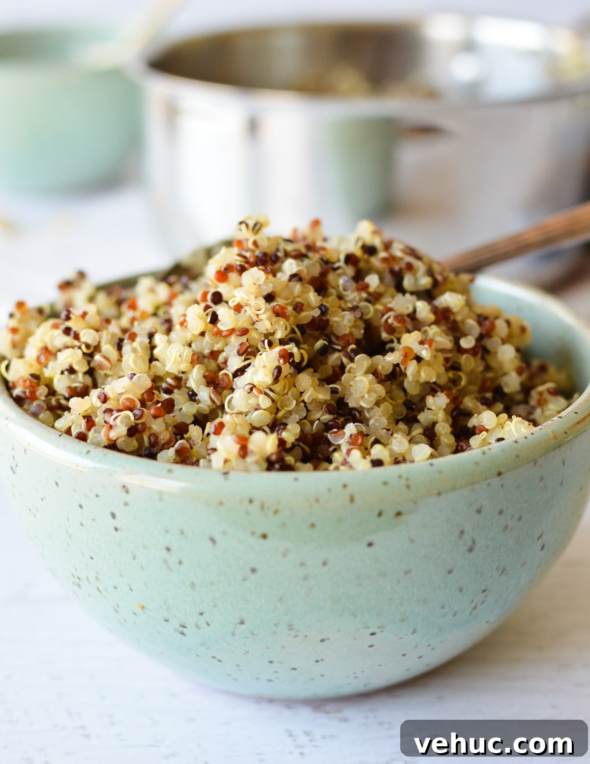 How to Cook Tri-Color Quinoa Perfectly Every Time 7 a bowl of cooked tri-color quinoa.