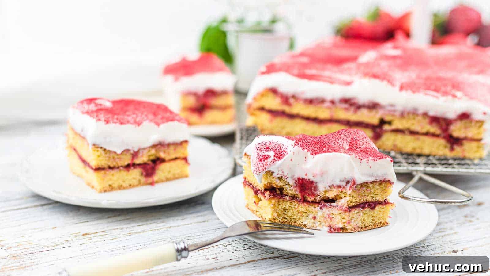 Strawberry Sugar Free Cake pieces on a white plates.