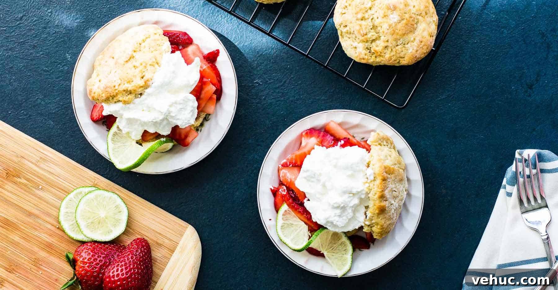 Two servings of strawberry shortcake on a blue background.