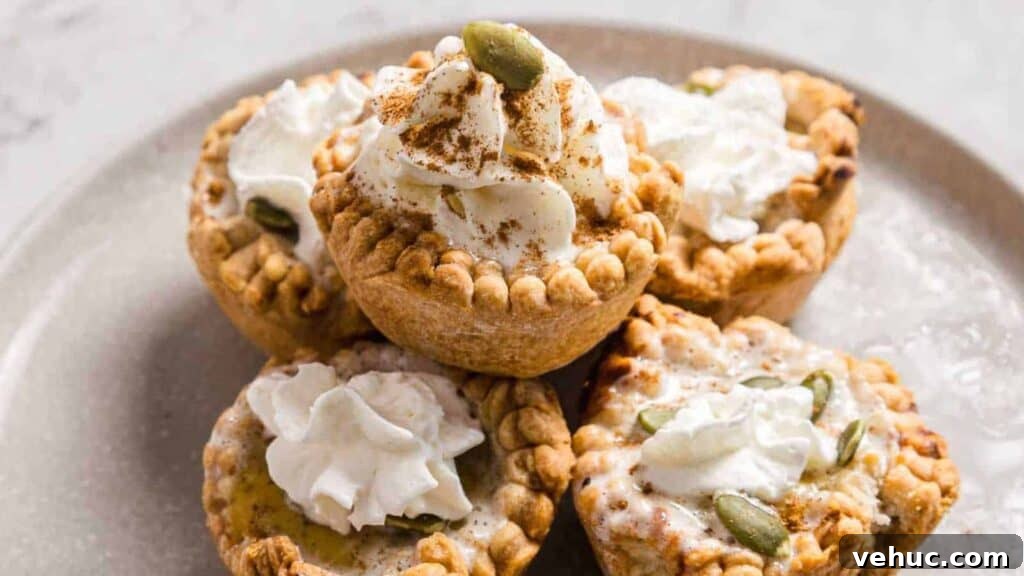 Five mini pies with whipped cream and pumpkin seeds on a plate.