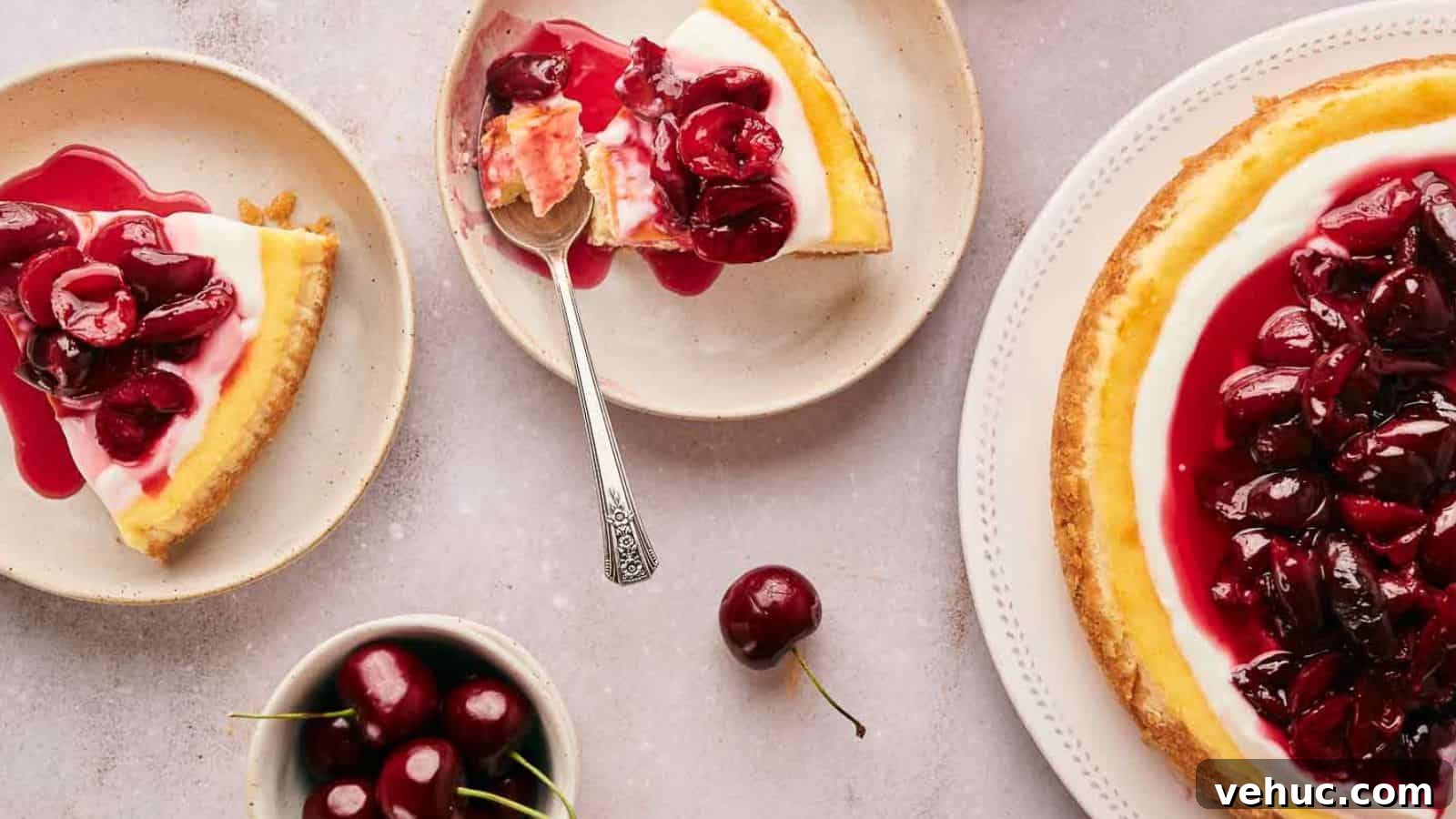 A slice of cherry cheesecake on a plate.