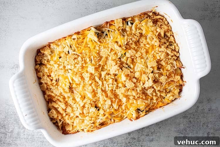 overhead view of chicken and zucchini casserole topped with mexican cheese and parmesan crisps out of the oven and ready to serve