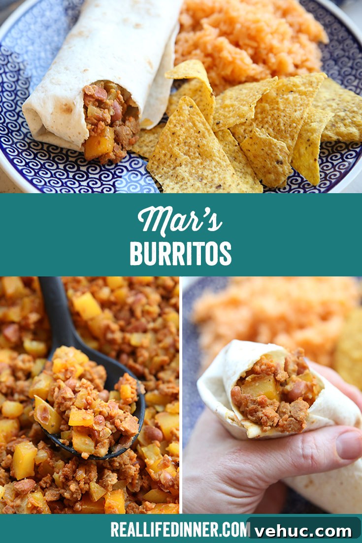 Mar's Burritos: Authentic Mexican Wraps & Fresh Salsas 7 Three-photo Pinterest picture with the text of the title in the middle dividing the two photos on the bottom and one photo on top.