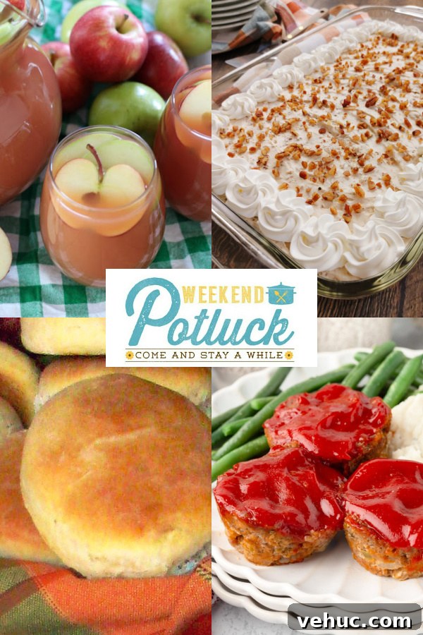 Miss Kay’s Heavenly Dinner Rolls | Weekend Potluck Recipe 709 2 Four photo collage showing an image of each recipe featured this week — Miss Kay's Heavenly Rolls, Mini Meatloaf Muffins, Autumn Harvest Punch, and Pecan Cream Deep Pie Dish.