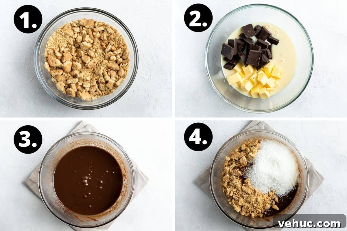 No-Bake Chocolate Hedgehog Slice Recipe: Quick Crowd-Pleaser 4 Steps 1-4 of preparing this recipe in a photo collage - the crushed biscuits in a bowl, melting to the other ingredients in a bowl, the mixture melted and combining all of the ingredients in a bowl.