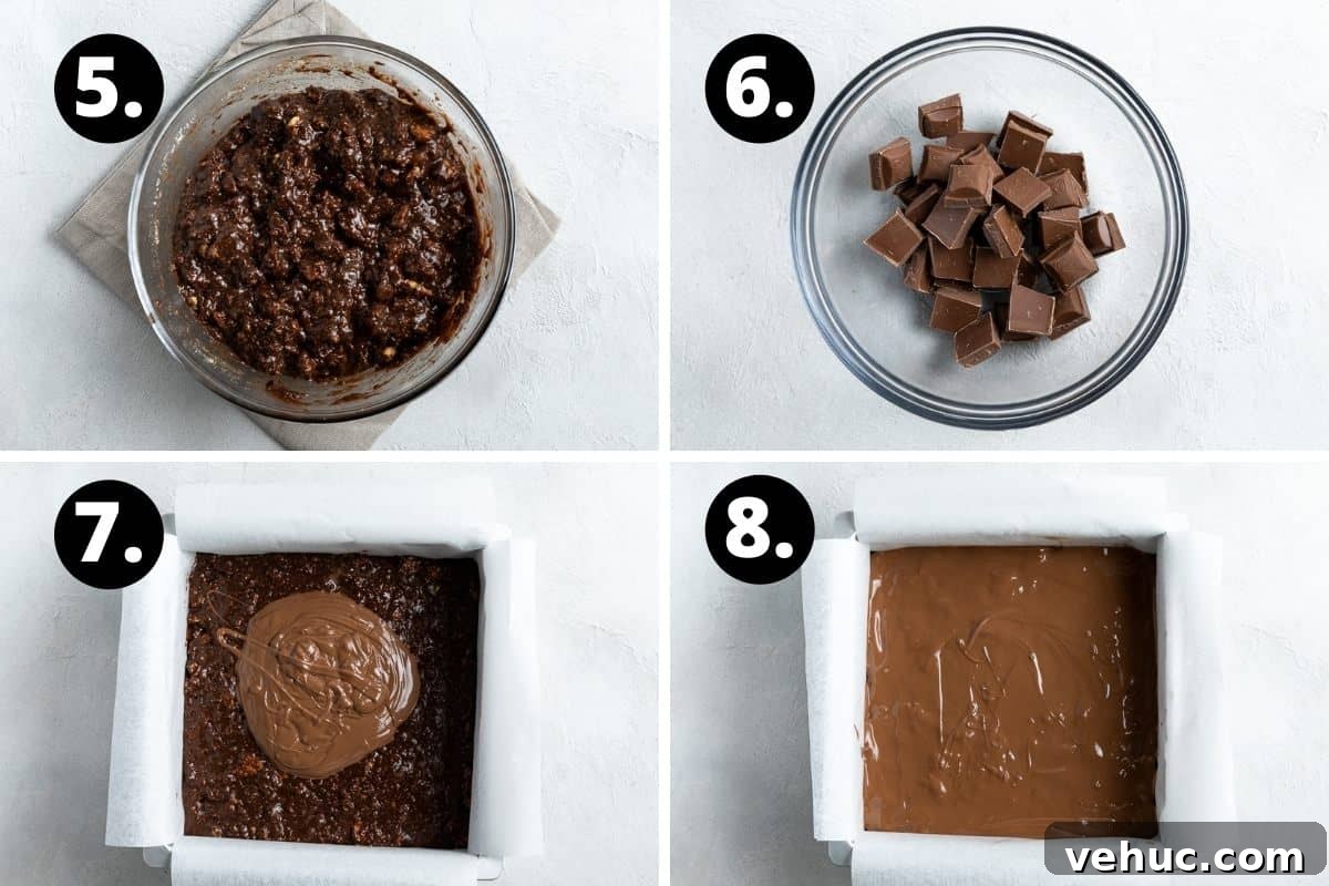 No-Bake Chocolate Hedgehog Slice Recipe: Quick Crowd-Pleaser 5 Steps 5-8 of preparing this recipe in a photo collage - the combined mixture, melting the chocolate for the topping, pouring the chocolate on the top of the slice and the slice ready to set.