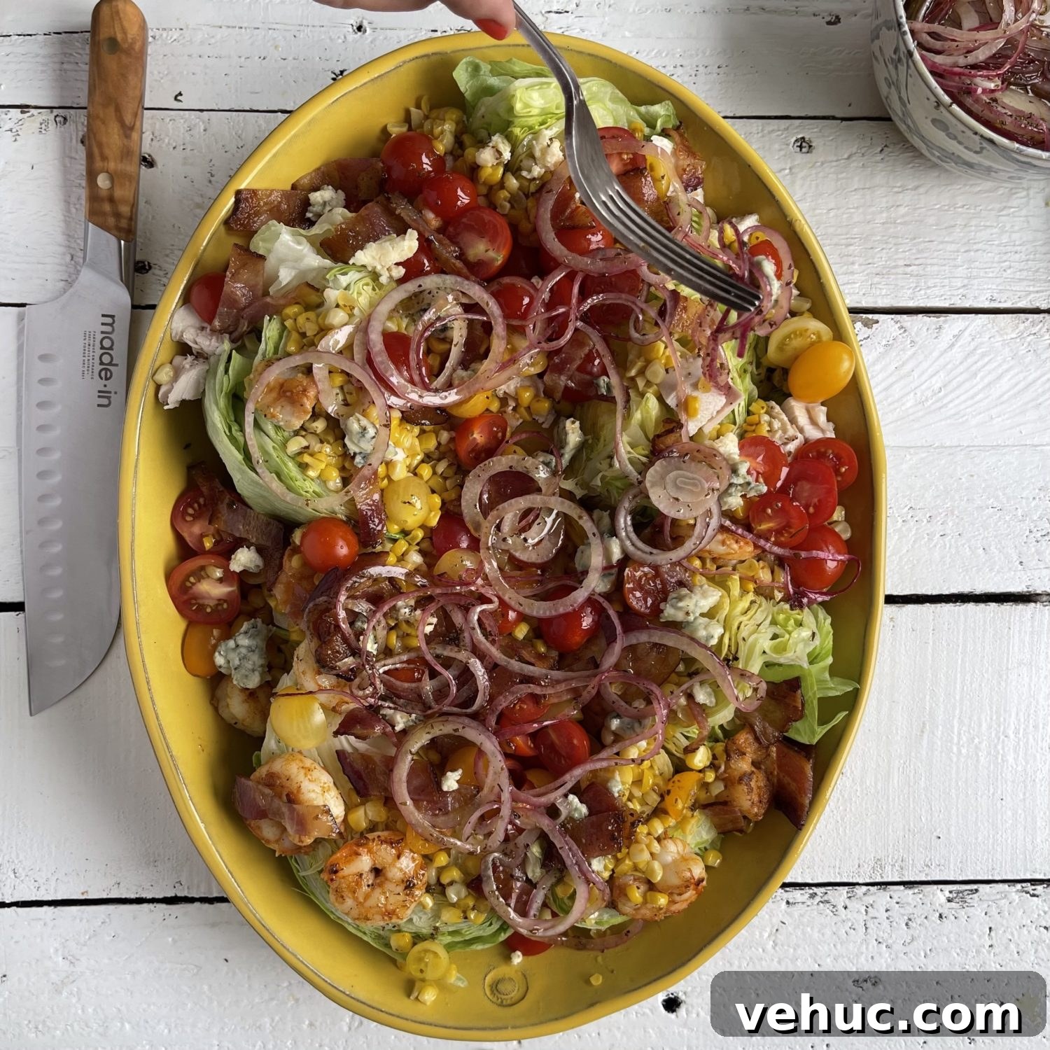 Summer Celebration Wedge Salad Recipe with Fresh Ingredients 2 final product wedge salad with made in knife