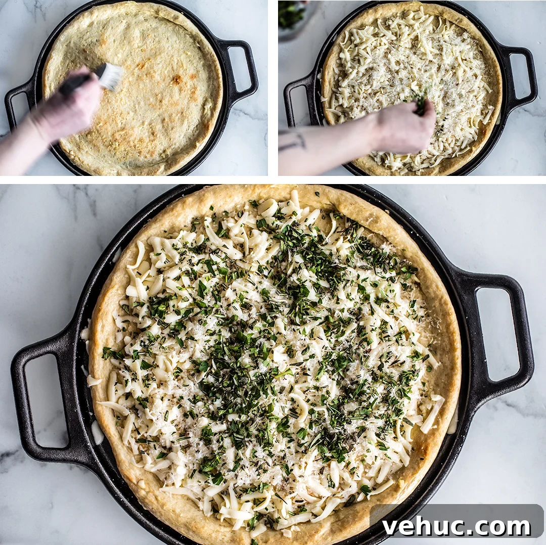 Herb & Garlic Cheese Pizza Recipe for Crispy, Flavorful Homemade Slices 4 Overhead process shots of pizza being dressed.