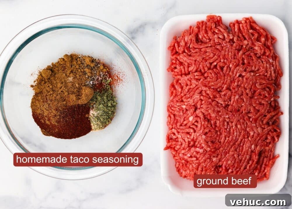 High-Protein Keto Taco Bowls for Low-Carb Meal Prep 5 ground beef ingredients including homemade taco seasoning and ground beef