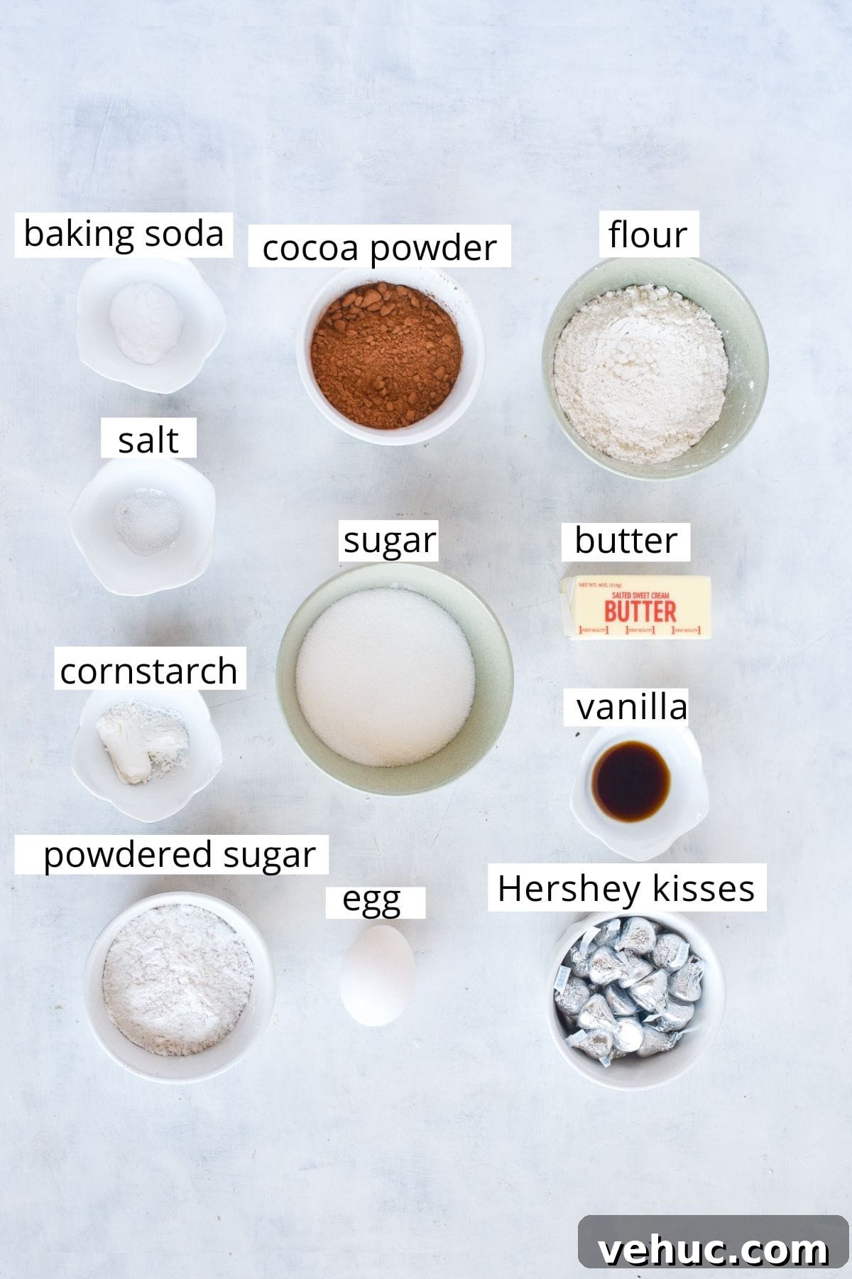 Cocoa Blossom Cookies Recipe: Soft Chocolate Flower Cookies 3 ingredients for recipe laid out.