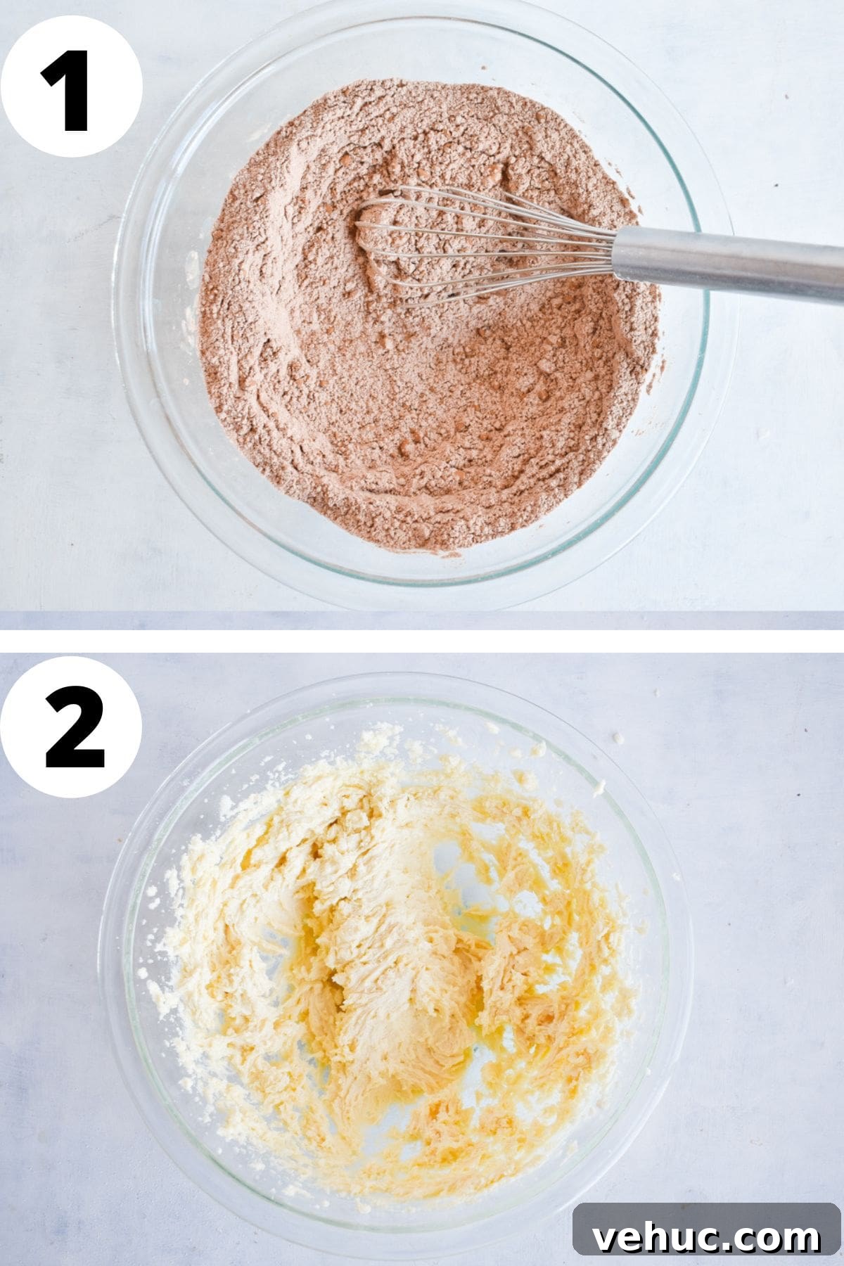 Cocoa Blossom Cookies Recipe: Soft Chocolate Flower Cookies 4 two images showing dry ingredients mixed and butter and sugar creamed together.