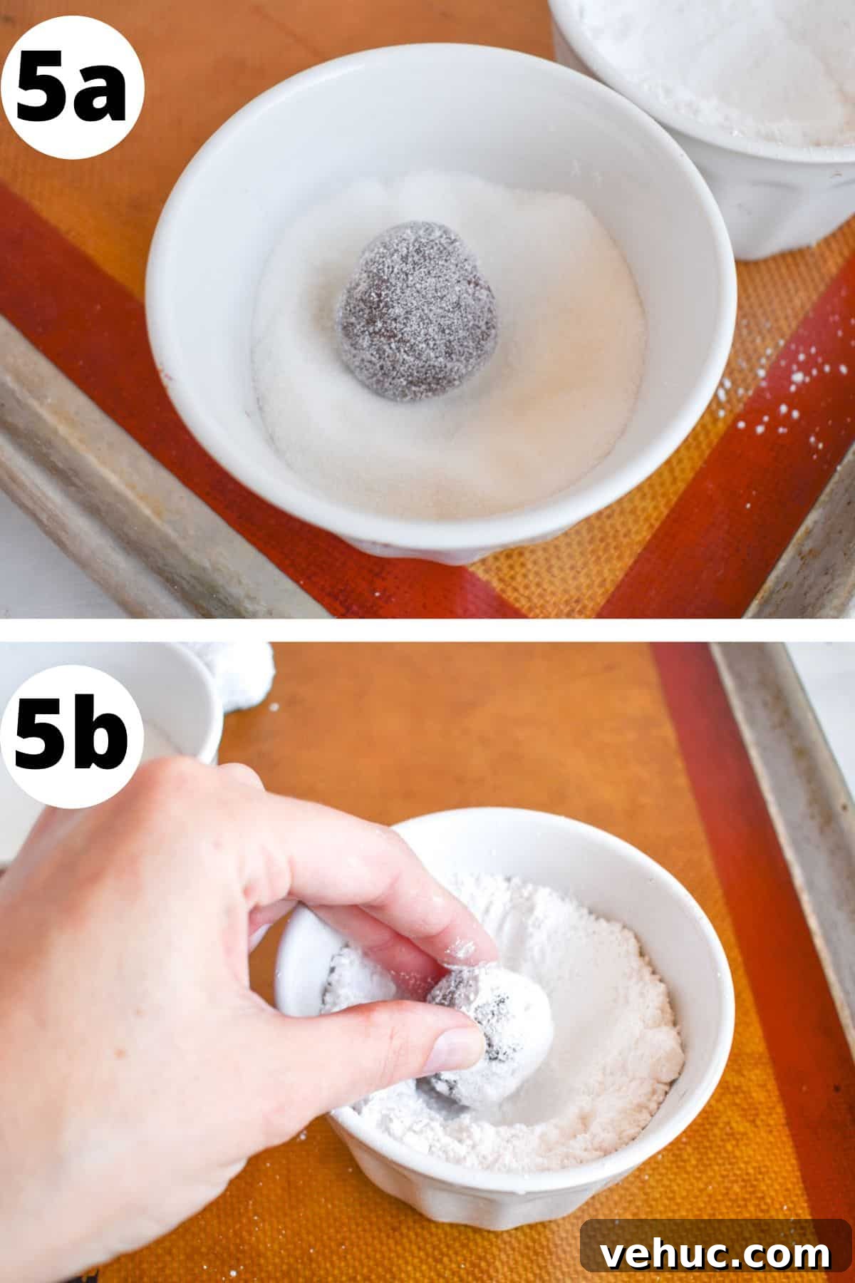 Cocoa Blossom Cookies Recipe: Soft Chocolate Flower Cookies 6 two images showing cookie dough ball rolled in sugar and then powdered sugar.