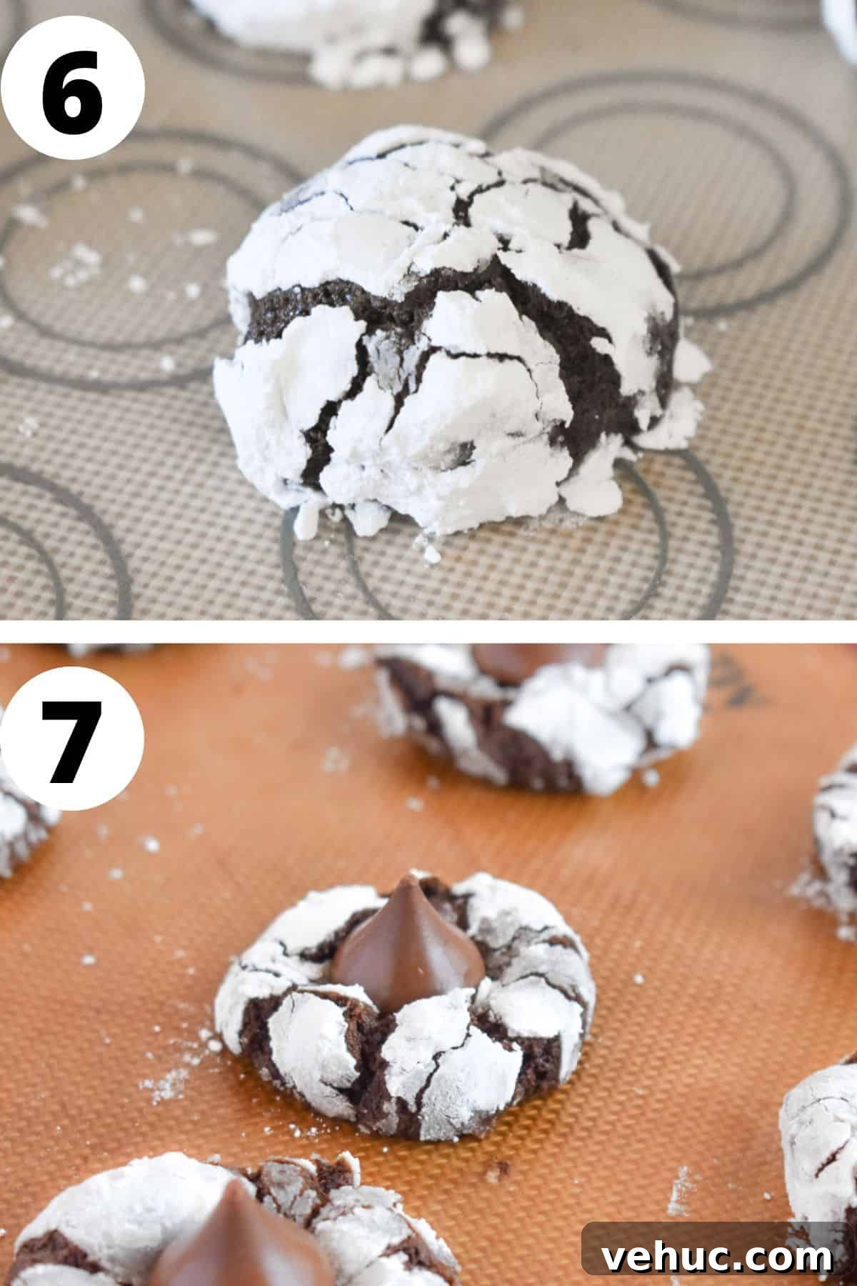 Cocoa Blossom Cookies Recipe: Soft Chocolate Flower Cookies 7 two images showing the chocolate blossom cookie baked and with a Hershey kiss on top.