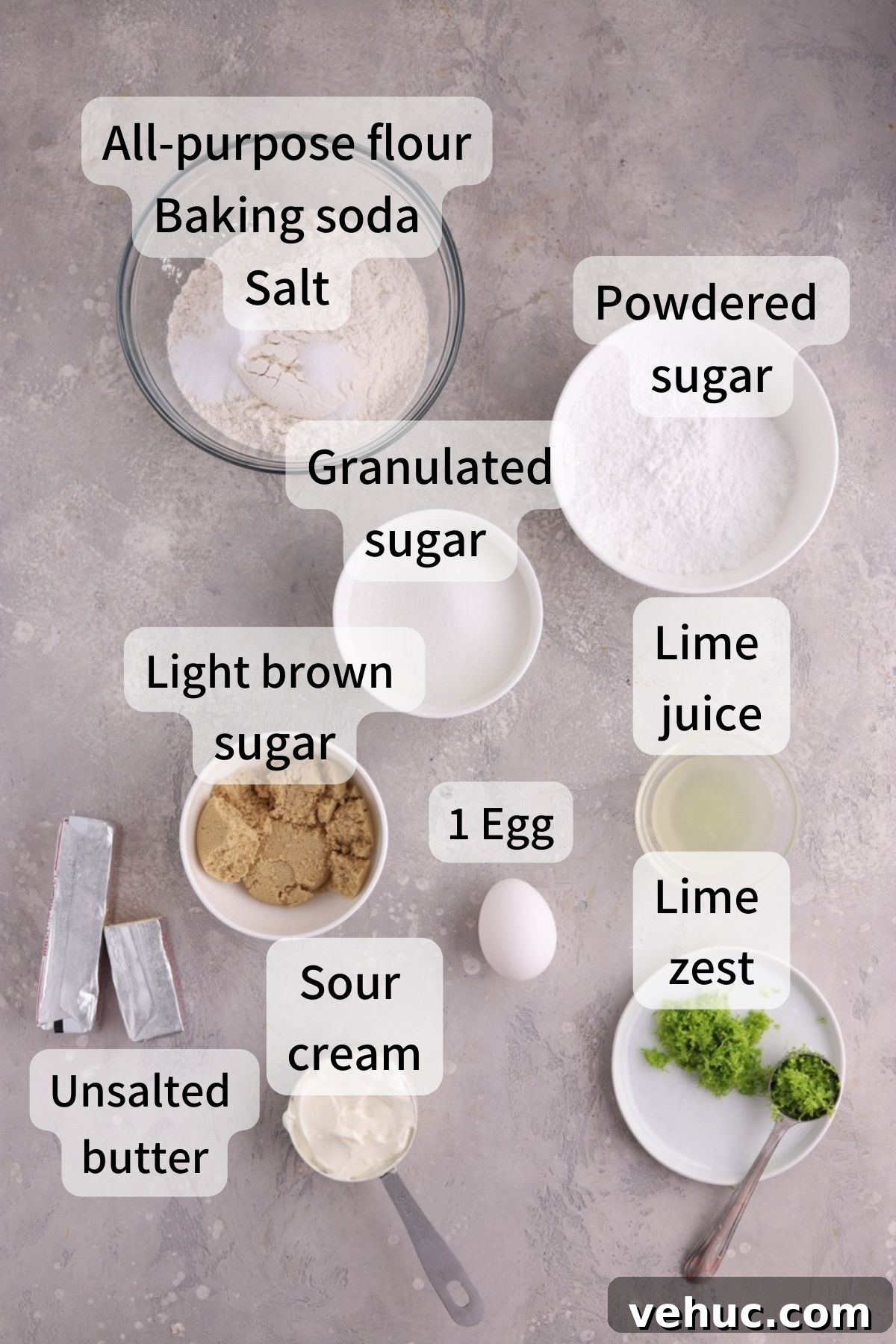 Labeled ingredients needed to make key lime cookies.