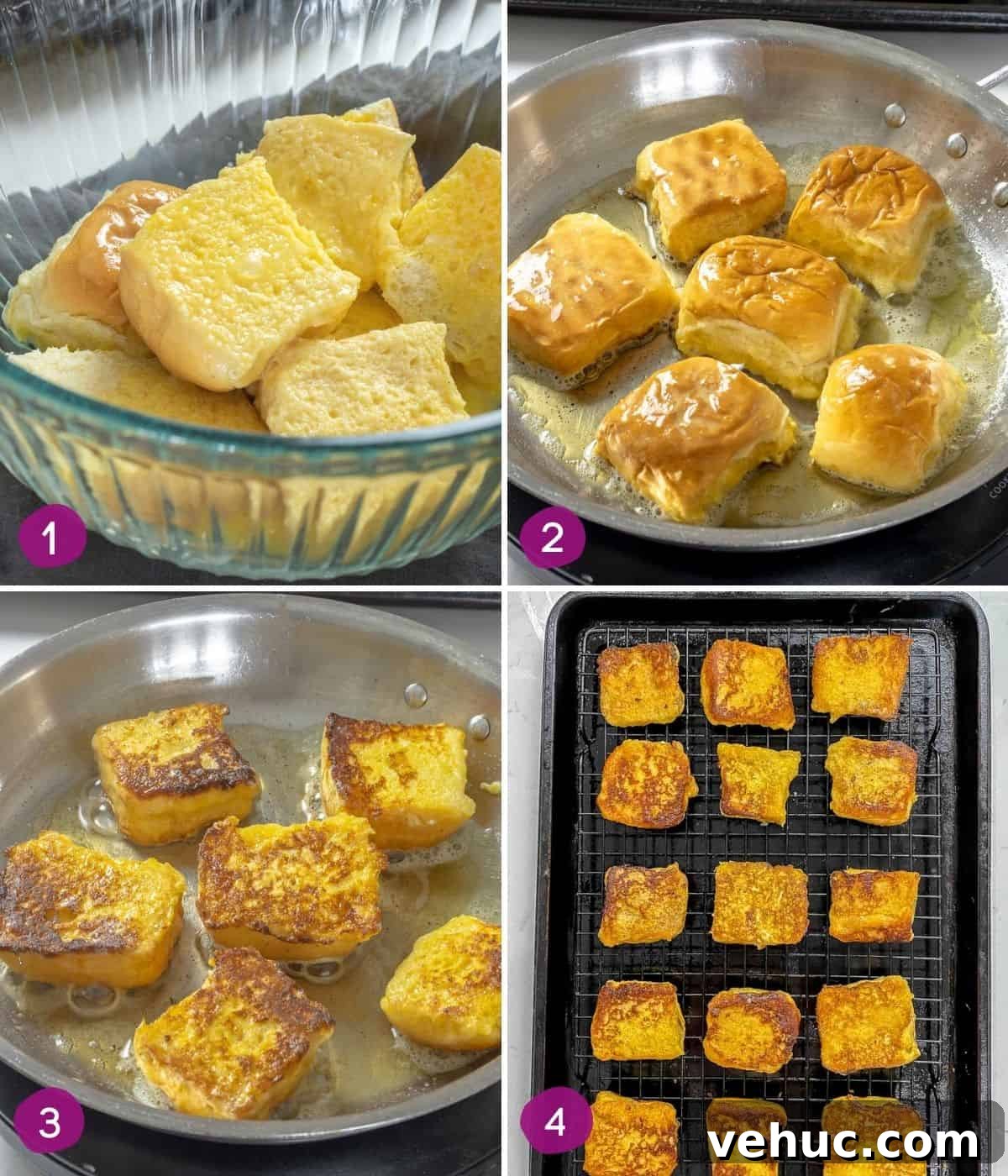 Hawaiian Roll French Toast Recipe with Pineapple Syrup 4 Photo collage showing how to make Hawaiian bread french toast.