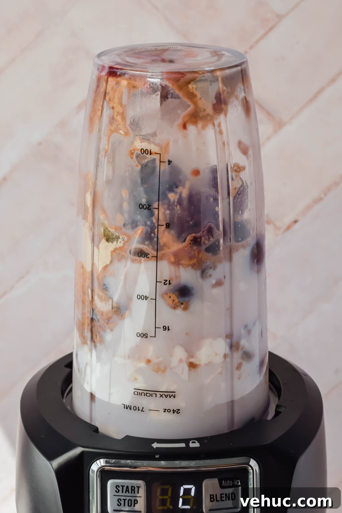 unblended chocolate cherry smoothie in blender ready to blend.