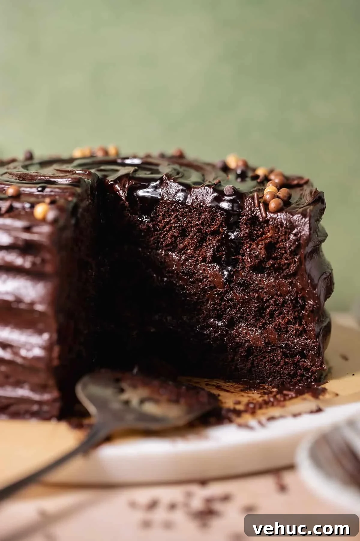 Moist Chocolate Cake Recipe That Tops Bakery Cakes 9 Moist chocolate cake with a slice removed showing soft crumb and glossy chocolate frosting.
