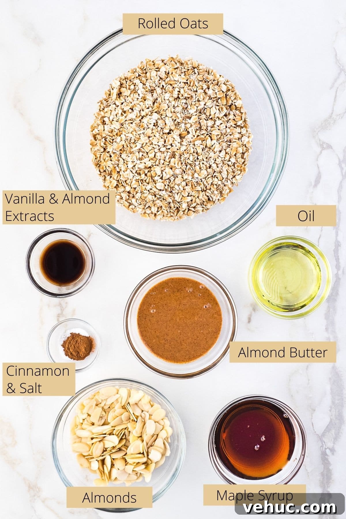 Crunchy Vanilla Almond Granola Recipe for Homemade Mornings 4 Ingredients needed to make vanilla almond granola.