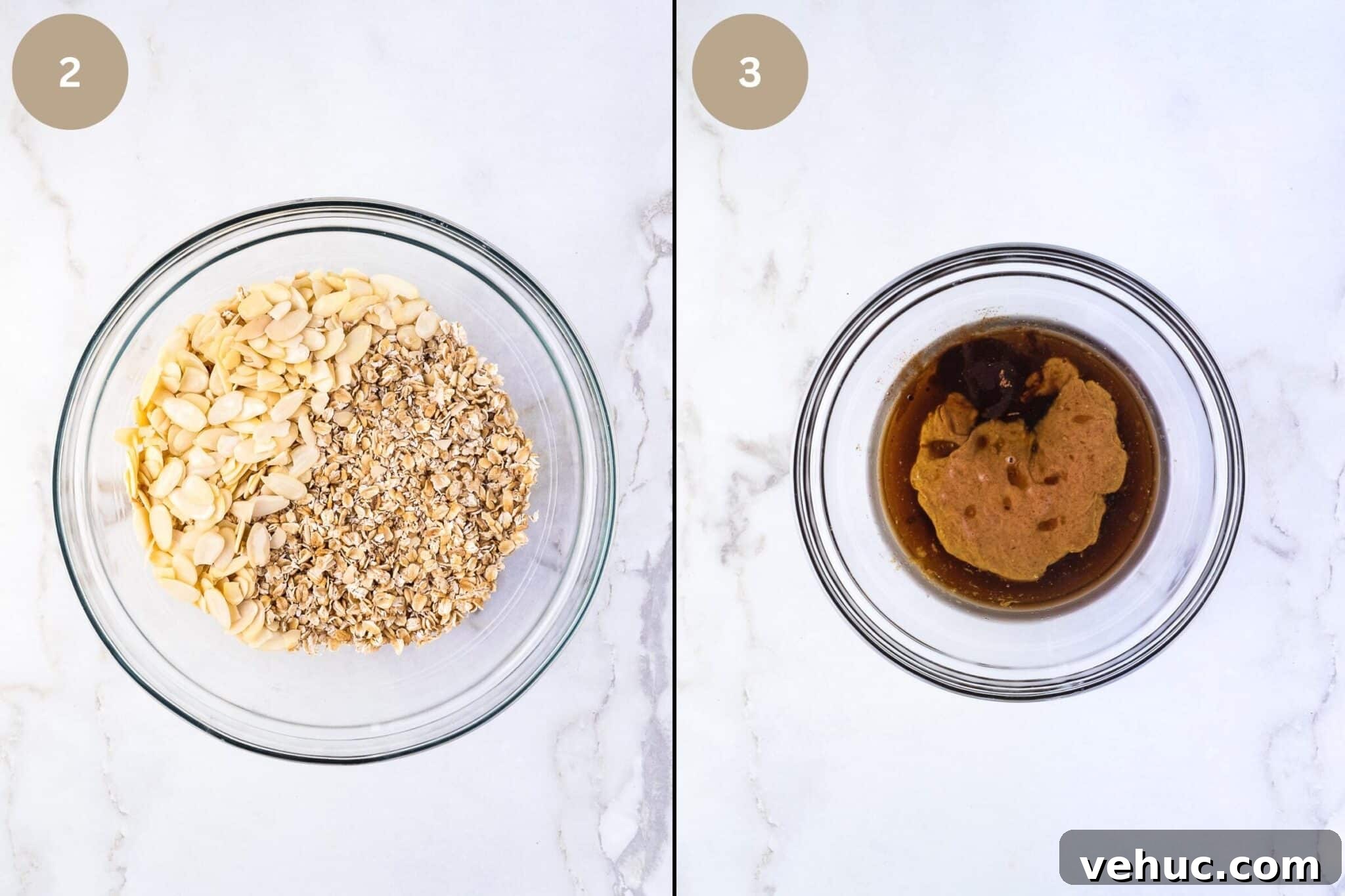 Crunchy Vanilla Almond Granola Recipe for Homemade Mornings 5 Step-by-step instructions of how to make vanilla almond granola.