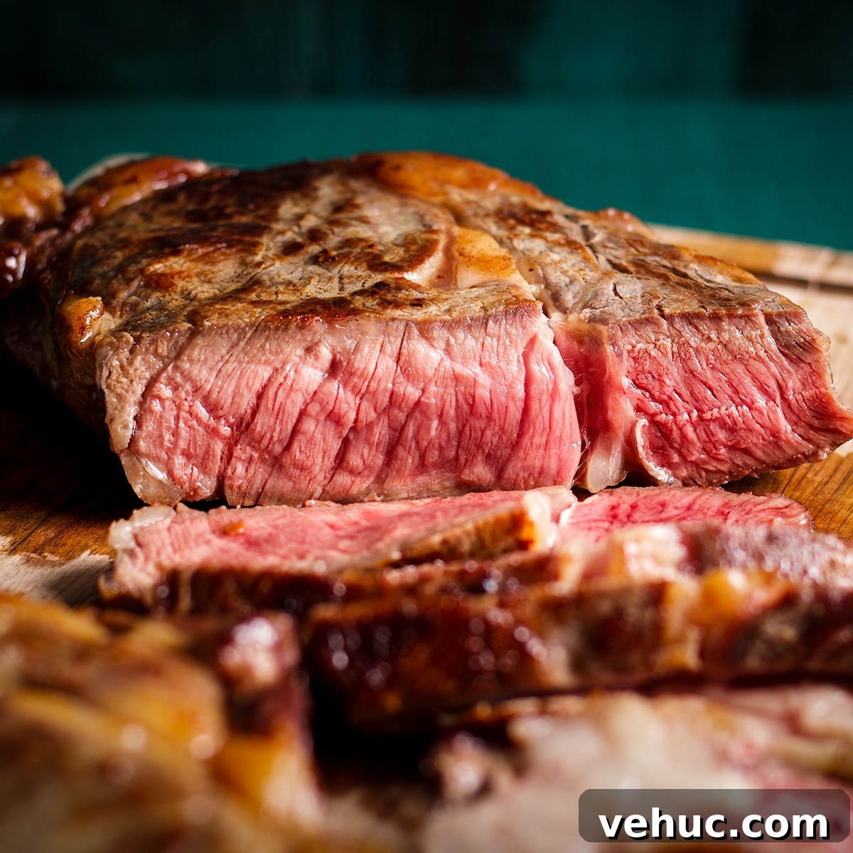 Garlic Aioli Steak & Rice Bowls with Fresh Chimichurri 13 A partially sliced, perfectly cooked medium rare steak on a cutting board.