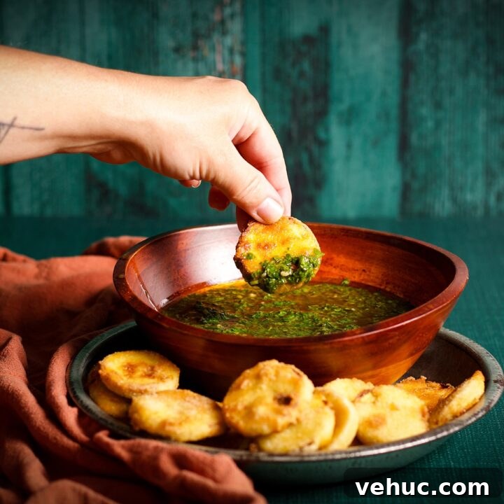 Dipping a piece of fried summer squash into a bowl of chimichurri sauce.