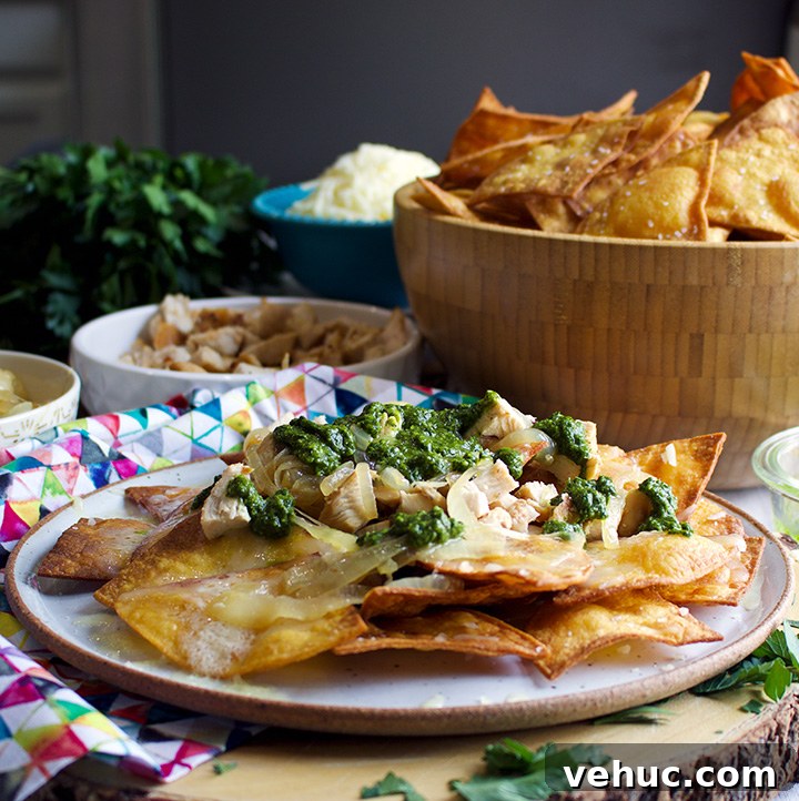 Chili chicken nachos with chimichurri sauce.