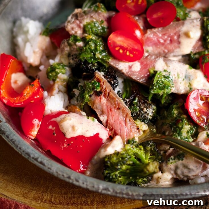 A bowl filled with steak and rice, roasted vegetables, garlic aioli, chimichurri sauce and cut cherry tomatoes.