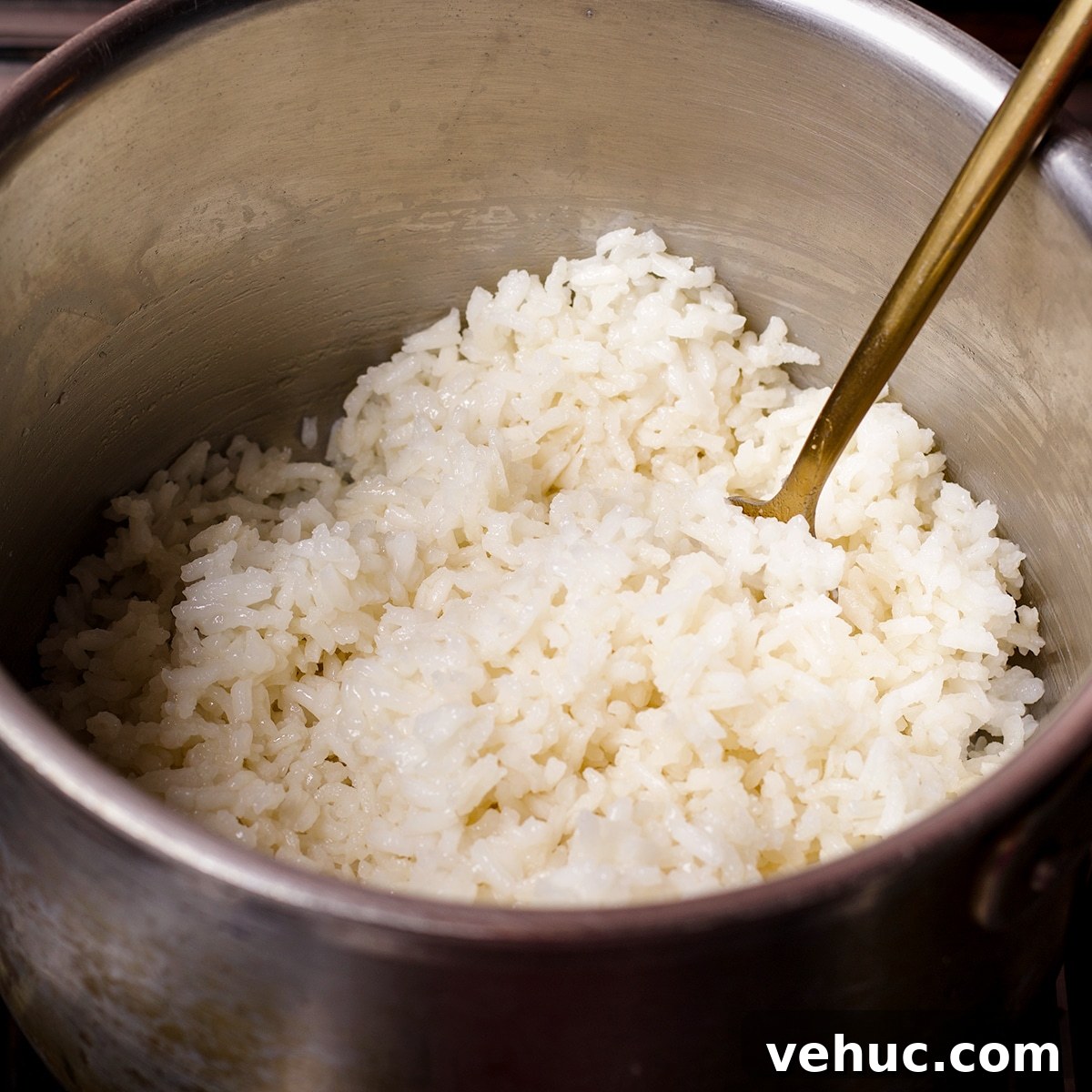 Garlic Aioli Steak & Rice Bowls with Fresh Chimichurri 8 A saucepan filled with freshly cooked white rice.
