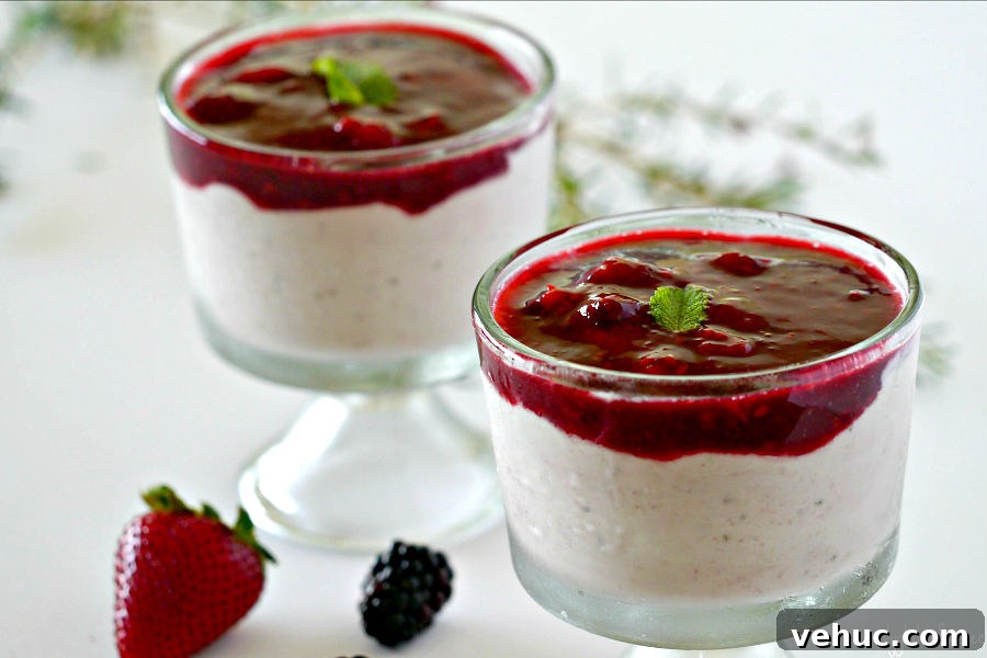strawberry ricotta mousse topped with blackberry sauce in a glass 