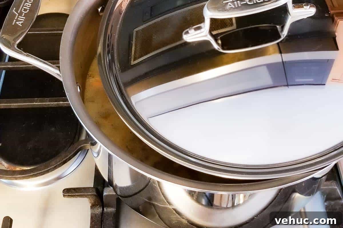 Roasted Turkey and Sweet Potato Soup Recipe 10 soup pot on stove with lid cracked
