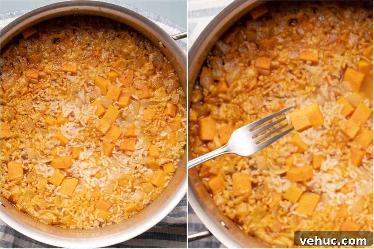 Roasted Turkey and Sweet Potato Soup Recipe 11 collage of soup after cooking and fork piercing two pieces of sweet potato