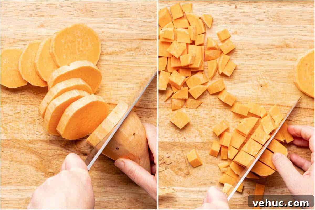 Roasted Turkey and Sweet Potato Soup Recipe 5 cutting sweet potato into slices and then cubes
