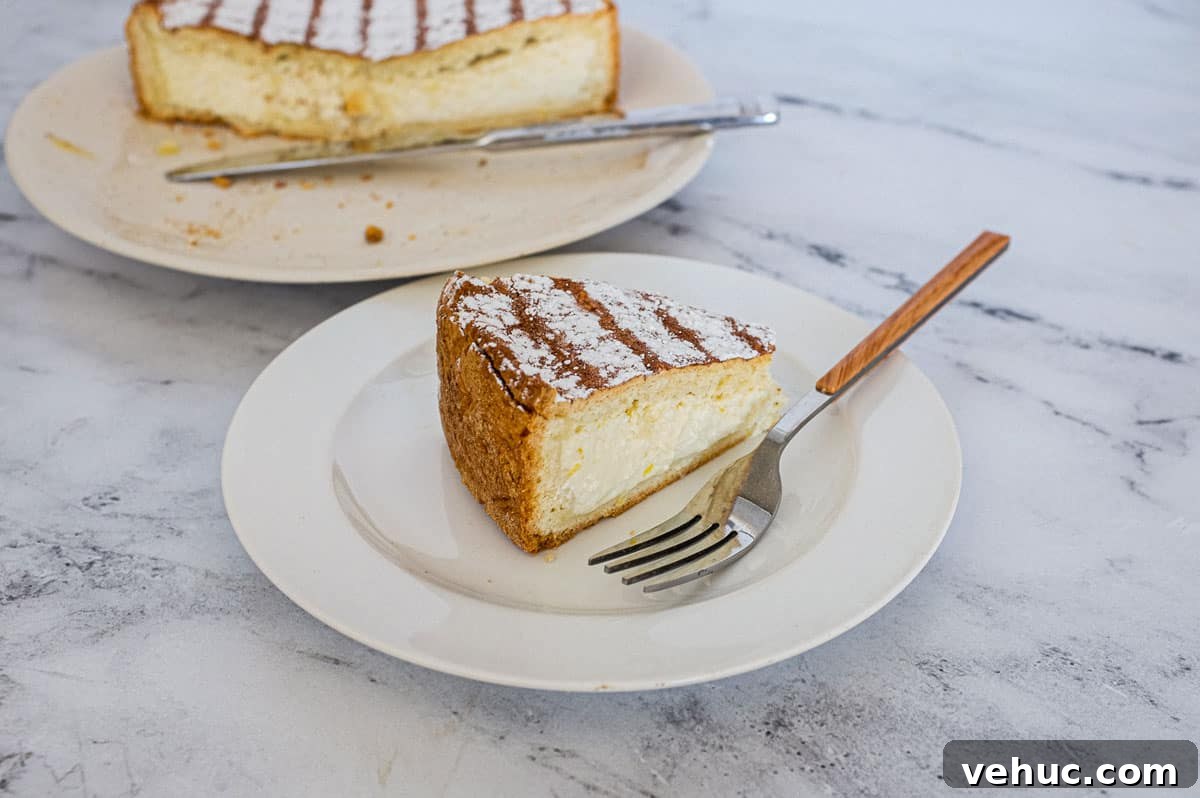 A slice of Italian Ricotta pie with the remaining pie in the background