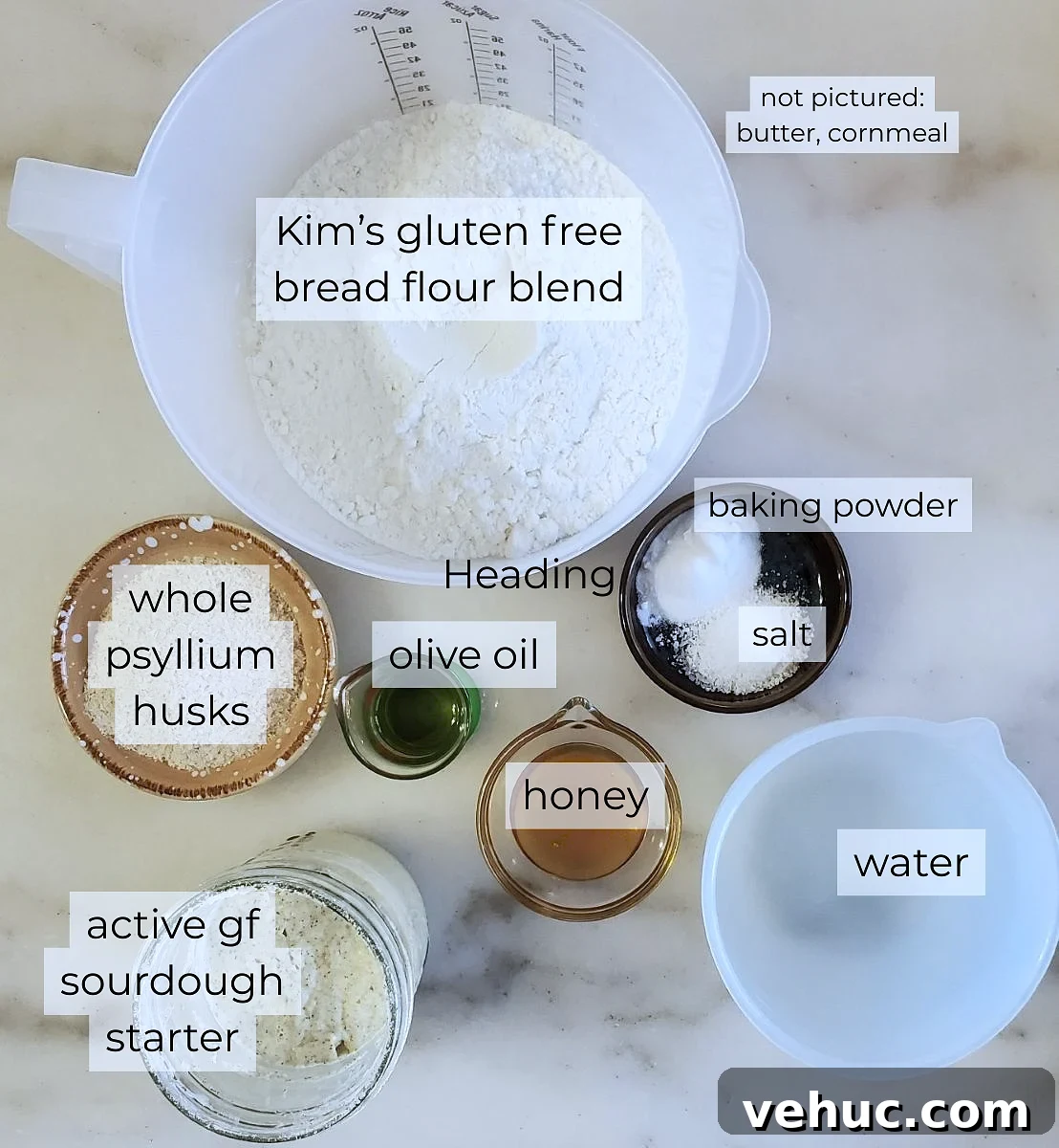 Gluten-Free Sourdough English Muffins Recipe You’ll Love 3 sourdough english muffins ingredients measured out and labeled.