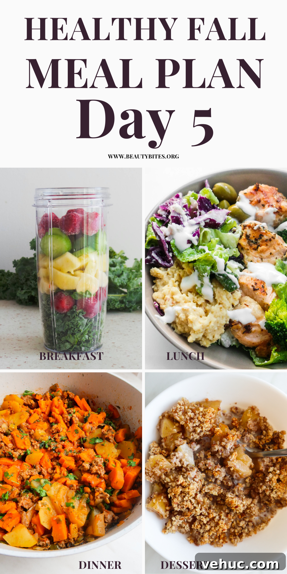 7-Day Autumn Clean-Eating Meal Plan with Seasonal Recipes 8 Try this 7-day clean eating fall meal plan for a week! On the weekly menu we've healthy fall recipes for breakfast, lunch, dinner and even dessert including tasty soups, healthy bowls and sandwiches! Day 5