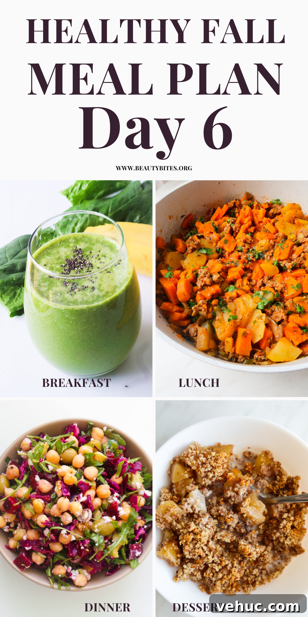 7-Day Autumn Clean-Eating Meal Plan with Seasonal Recipes 9 Try this 7-day clean eating fall meal plan for a week! On the weekly menu we've healthy fall recipes for breakfast, lunch, dinner and even dessert including tasty soups, healthy bowls and sandwiches! Day 6