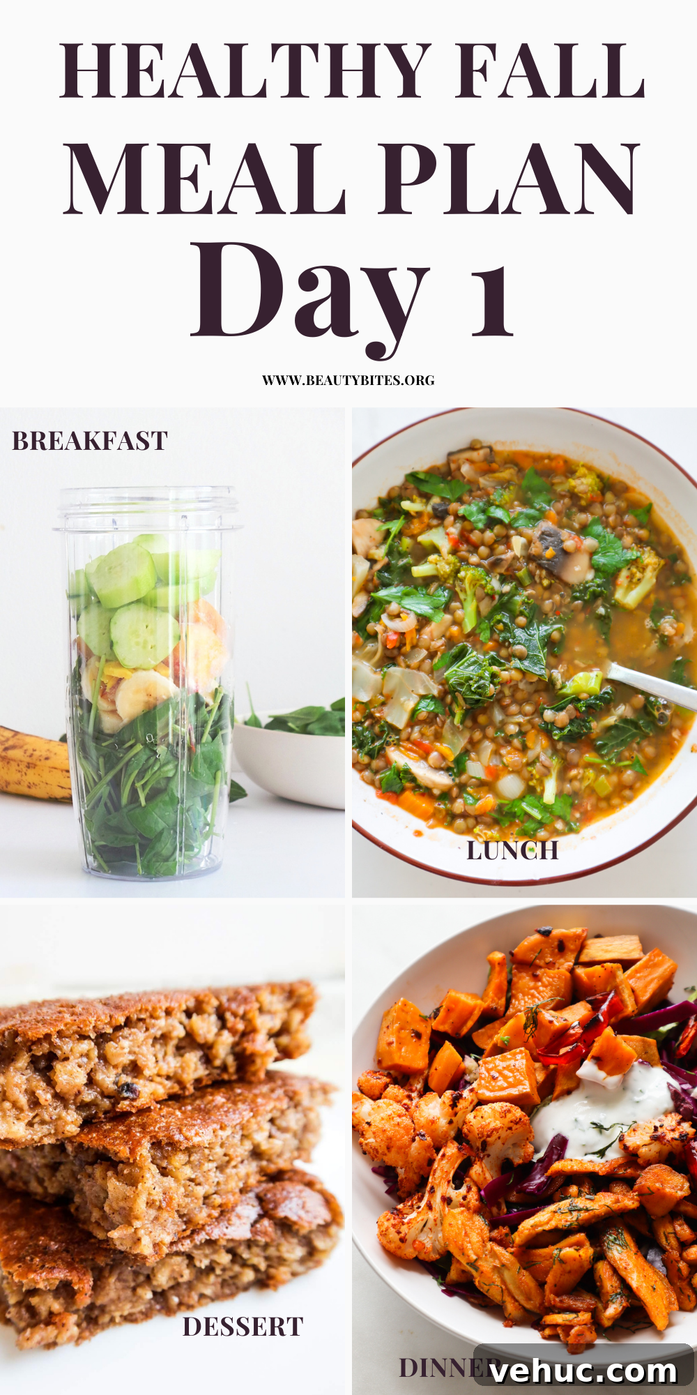 7-Day Autumn Clean-Eating Meal Plan with Seasonal Recipes 4 Try this 7-day clean eating fall meal plan for a week! On the weekly menu we've healthy fall recipes for breakfast, lunch, dinner and even dessert including tasty soups, healthy bowls and sandwiches! Day 1